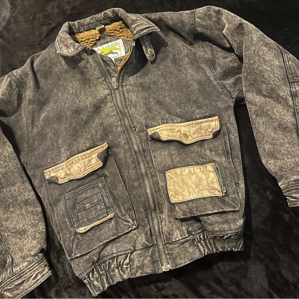 Vintage Le Tigre Denim Bomber Jacket, Men’s S, Sherpa Lined, Black, Tan, 80s